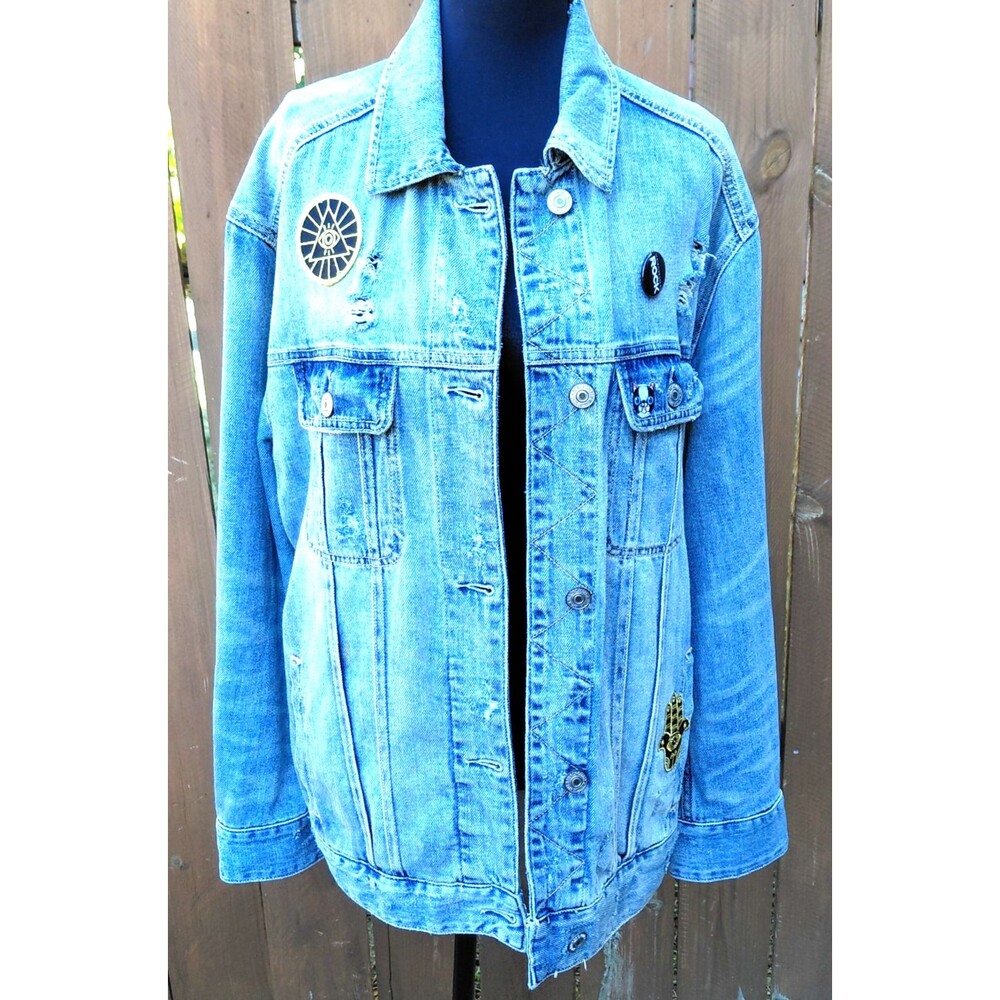 Abercrombie & Fitch Distress Patch Denim Trucker Jacket Womens L Blue Y2K Retro